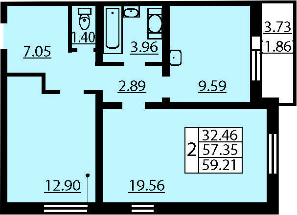 Двухкомнатная квартира 61.07 м²