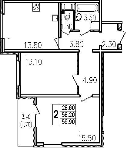 Двухкомнатная квартира 61.6 м²