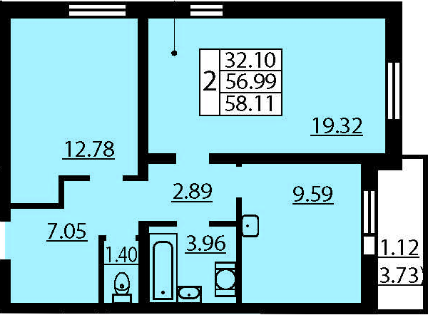 Двухкомнатная квартира 60.72 м²