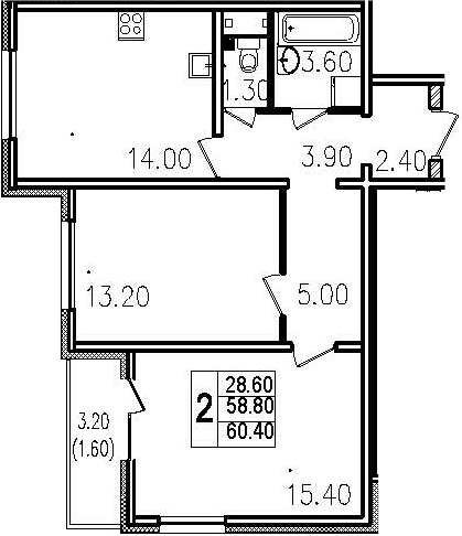 Двухкомнатная квартира 62 м²