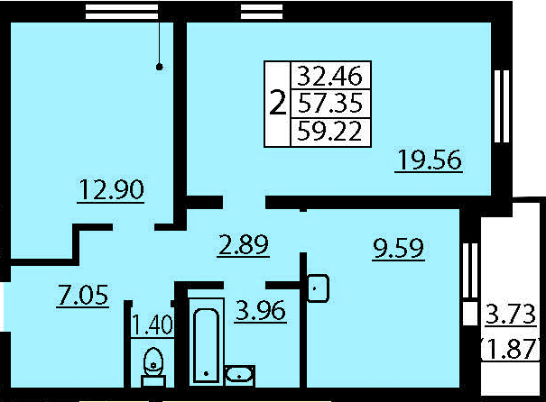 Двухкомнатная квартира 61.09 м²