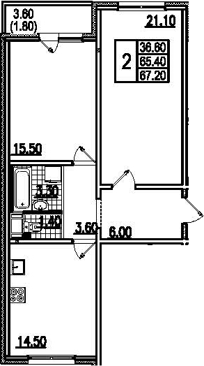 Двухкомнатная квартира 69 м²