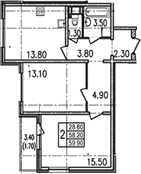 Двухкомнатная квартира 61.6 м²