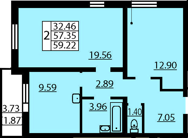 Двухкомнатная квартира 61.09 м²